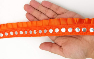 Orange Satin Pleated Lace Trim, Mirrored Fringe Trimming, Approx. 30mm wide